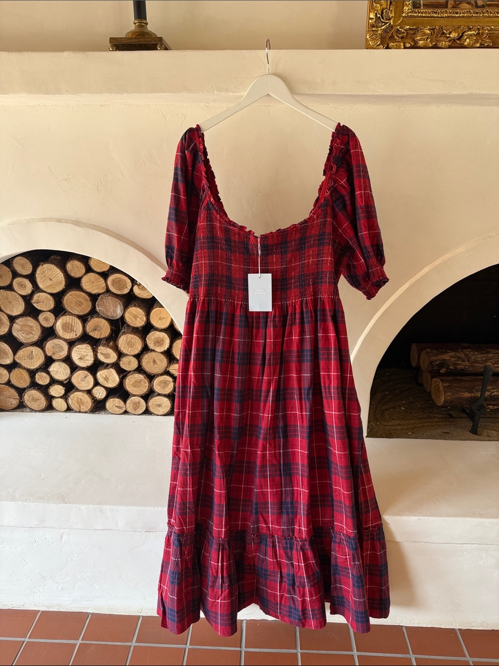 Hill House Red Plaid Square-Neck Midi Dress